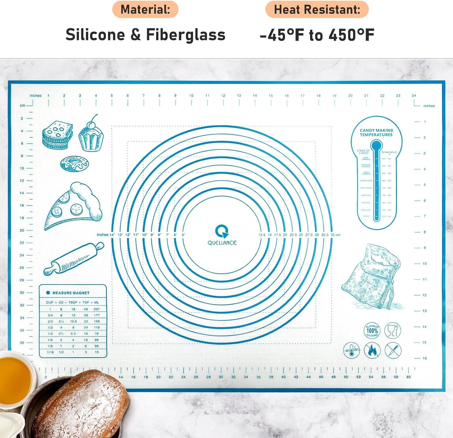 Silicone Baking Mat with Measurements, Pastry/Fondant/Dough Rolling Counter/Oven Liner Mat, 20''(W)28''(L) Blue