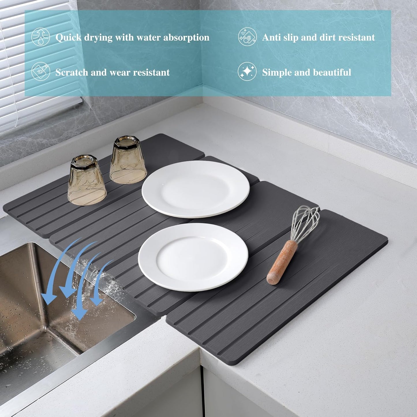 Extral Large Quick Dry Stone Drying Mat for Kitchen Counter,28x16 Inch Collapsible Eco-Friendly Absorbent Diatomaceous Earth Mat for Dishes Cups (Deep Gray-Upgraded Version, 16x12 inch)