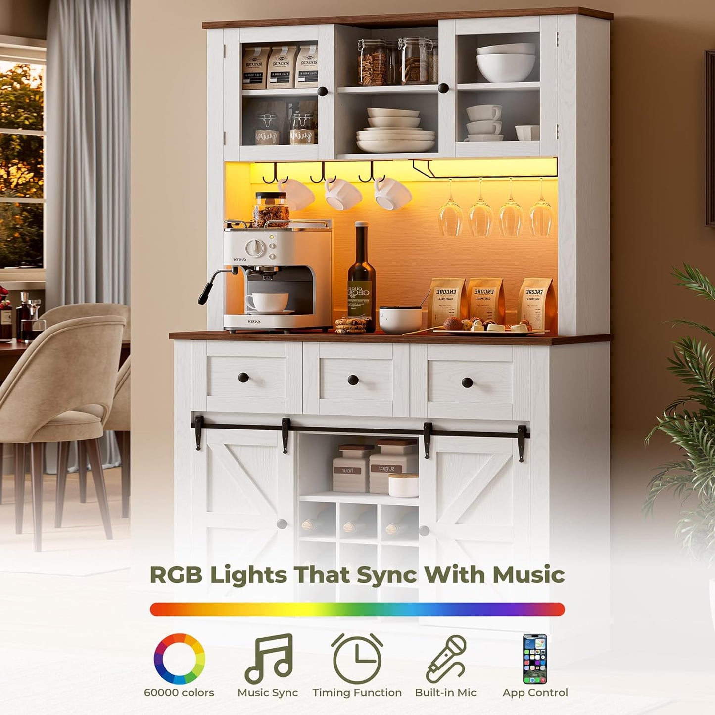 IRONCK 72'' Coffee Bar Cabinet with Storage, Large Kitchen Hutch with Power Outlet & LED Light, Tall Bar Cabinets with 3 Drawers & Wine Glass Rack, Sliding Barn Door China Cabinet for Home, White