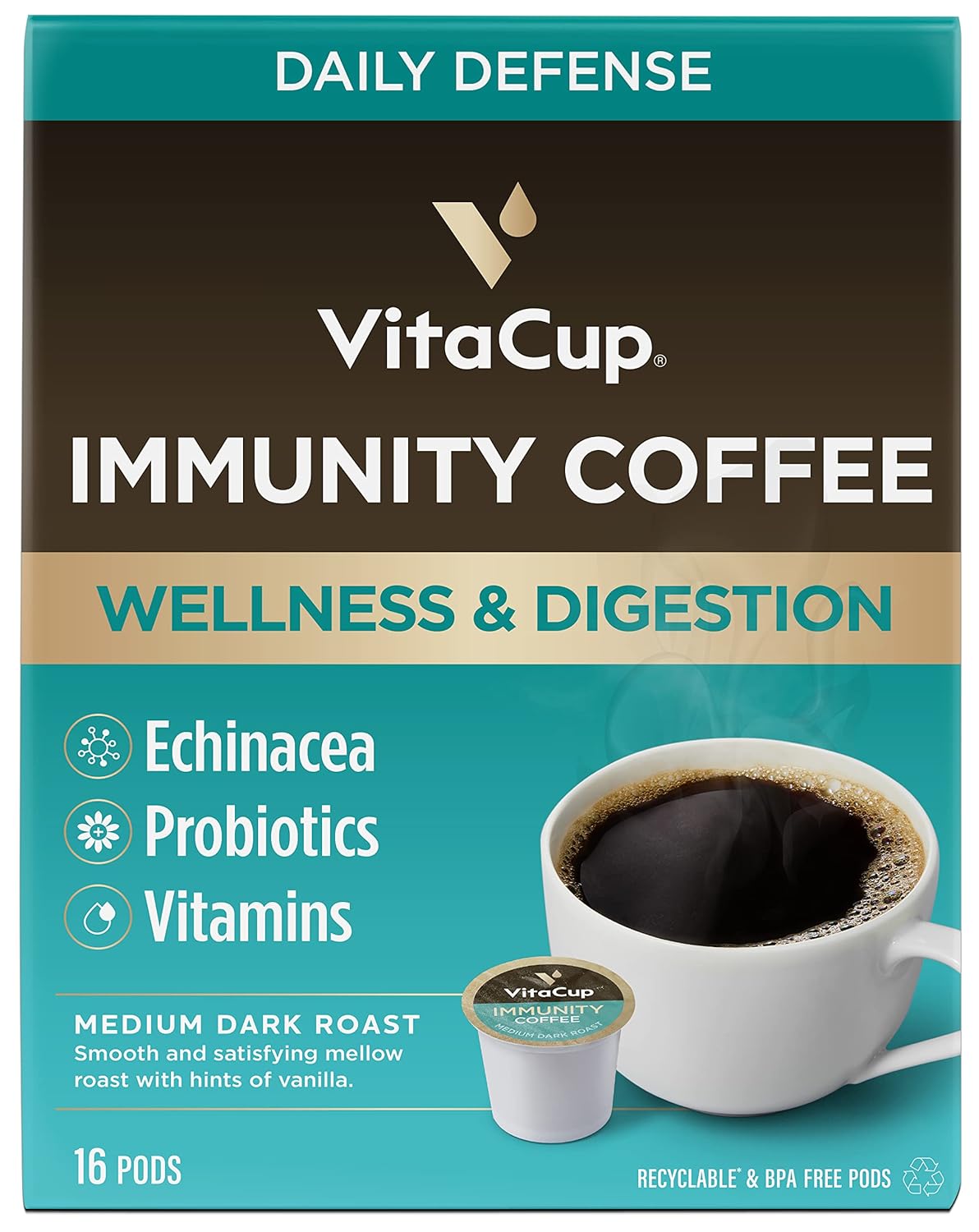 VitaCup Immunity Coffee Pods, Wellness Boost with Antioxidants, Echinacea, Probiotics, Vitamin C & D3, Medium Dark Roast, Recyclable Single Serve Pod Compatible with Keurig K-Cup Brewers,16 Ct