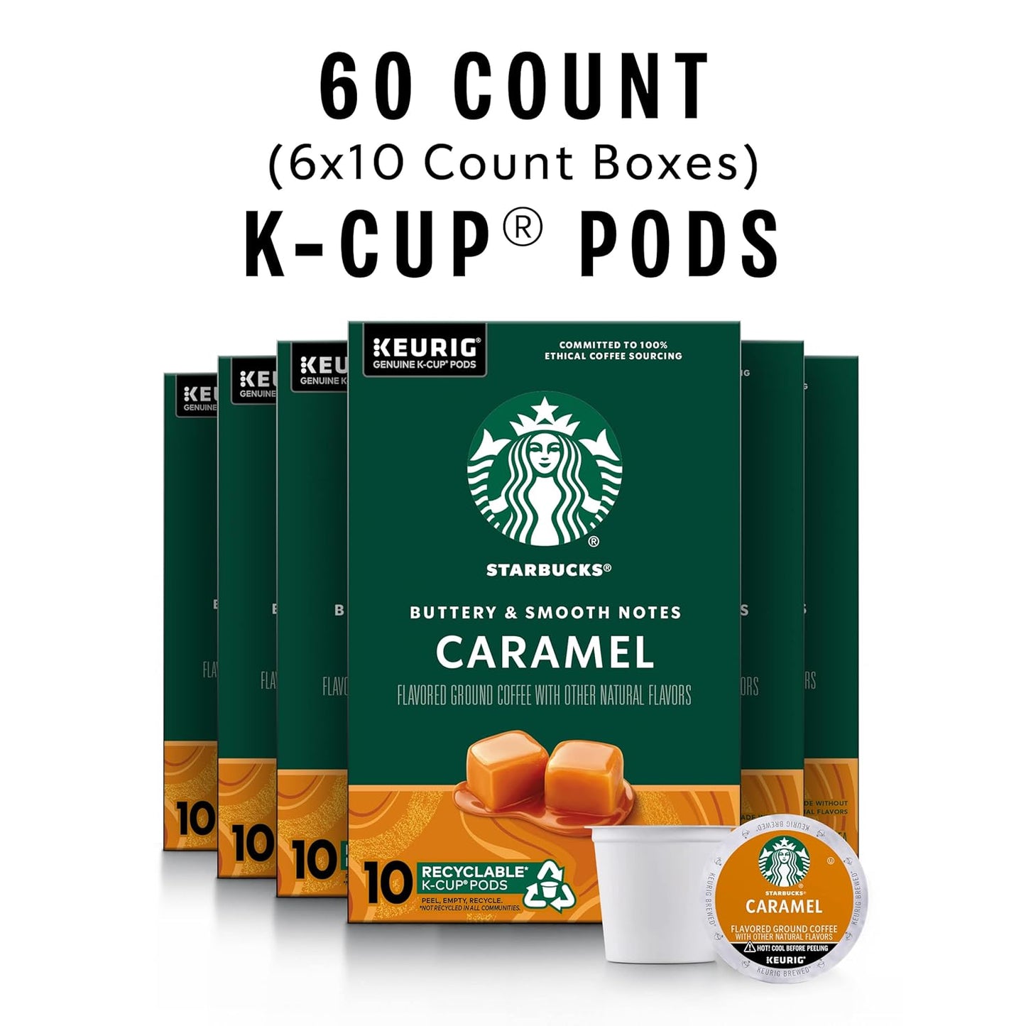 Starbucks K-Cup Coffee Pods, Caramel Flavored Coffee, Naturally Flavored, 100% Arabica, 6 boxes (60 pods total)