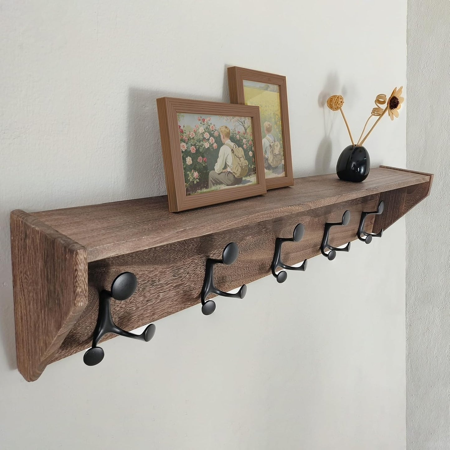 SKOLOO Wall Shelf with Hooks, 35-Inch Weathered Brown Coat Rack Wall Mount with Shelf Organizer - Lightweight & Sturdy, 5 Tri Hooks - Perfect for Entryway, Hallway, Living Room, Bedroom, Mudroom