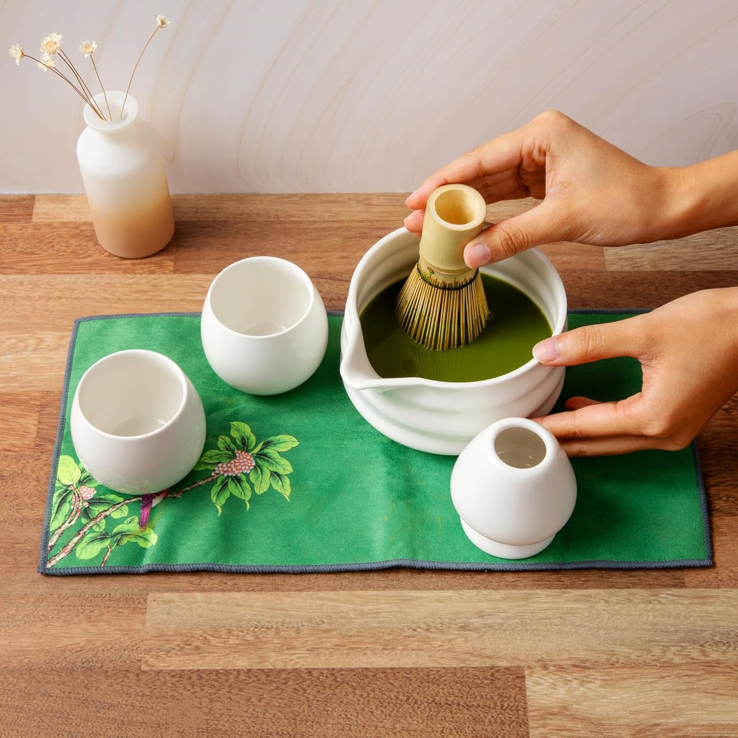 Marce Matcha Whisk Set- Matcha Set includes Matcha Whisk and Bowl (Bowl with Spout), Sifter, Holder and Scoop- The Perfect Bamboo Whisk for Matcha Tea (White- 7PC)