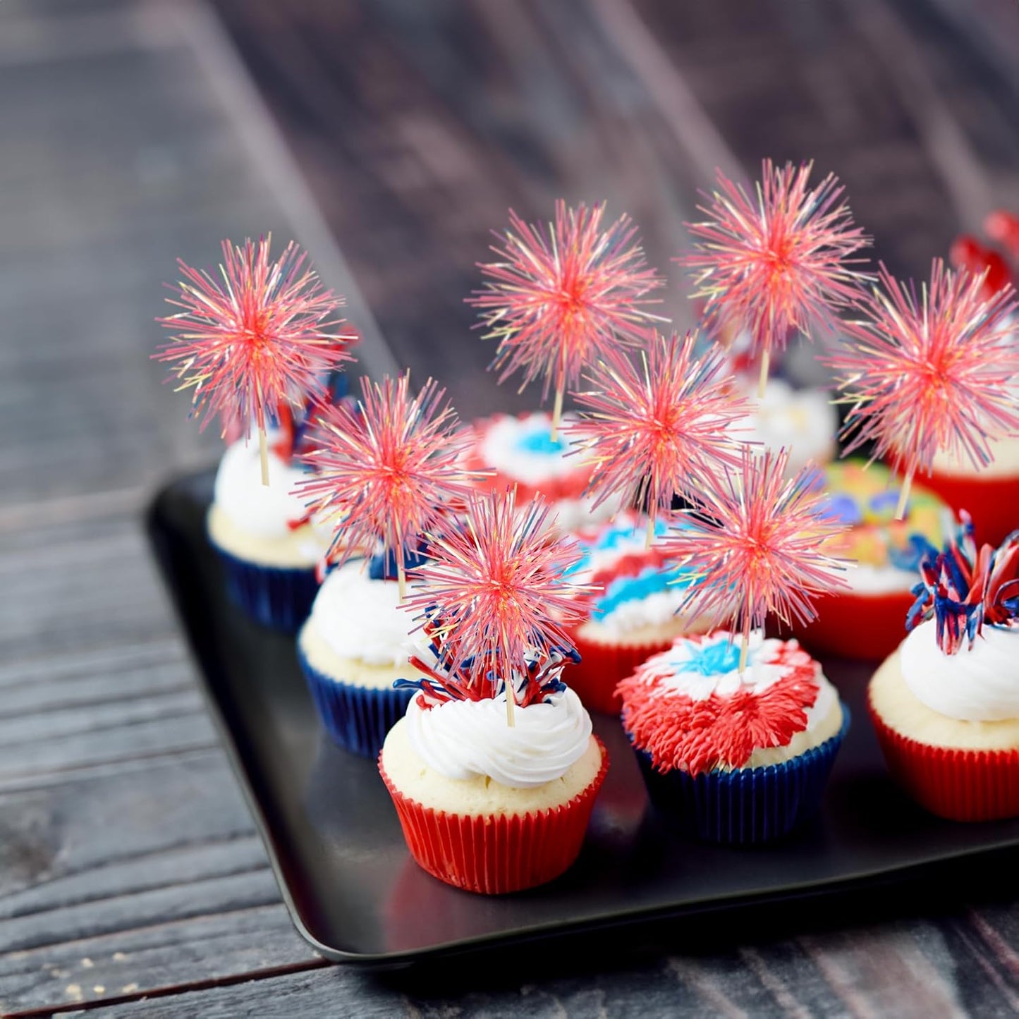 Gyufise 30Pcs Foil Firework Cupcake Toppers Sparkle Tinsel Cake Toppers Tinsel Drink Cake Decoration Cocktail Picks for Birthday Wedding Graduation Party Supplies Laser Orange