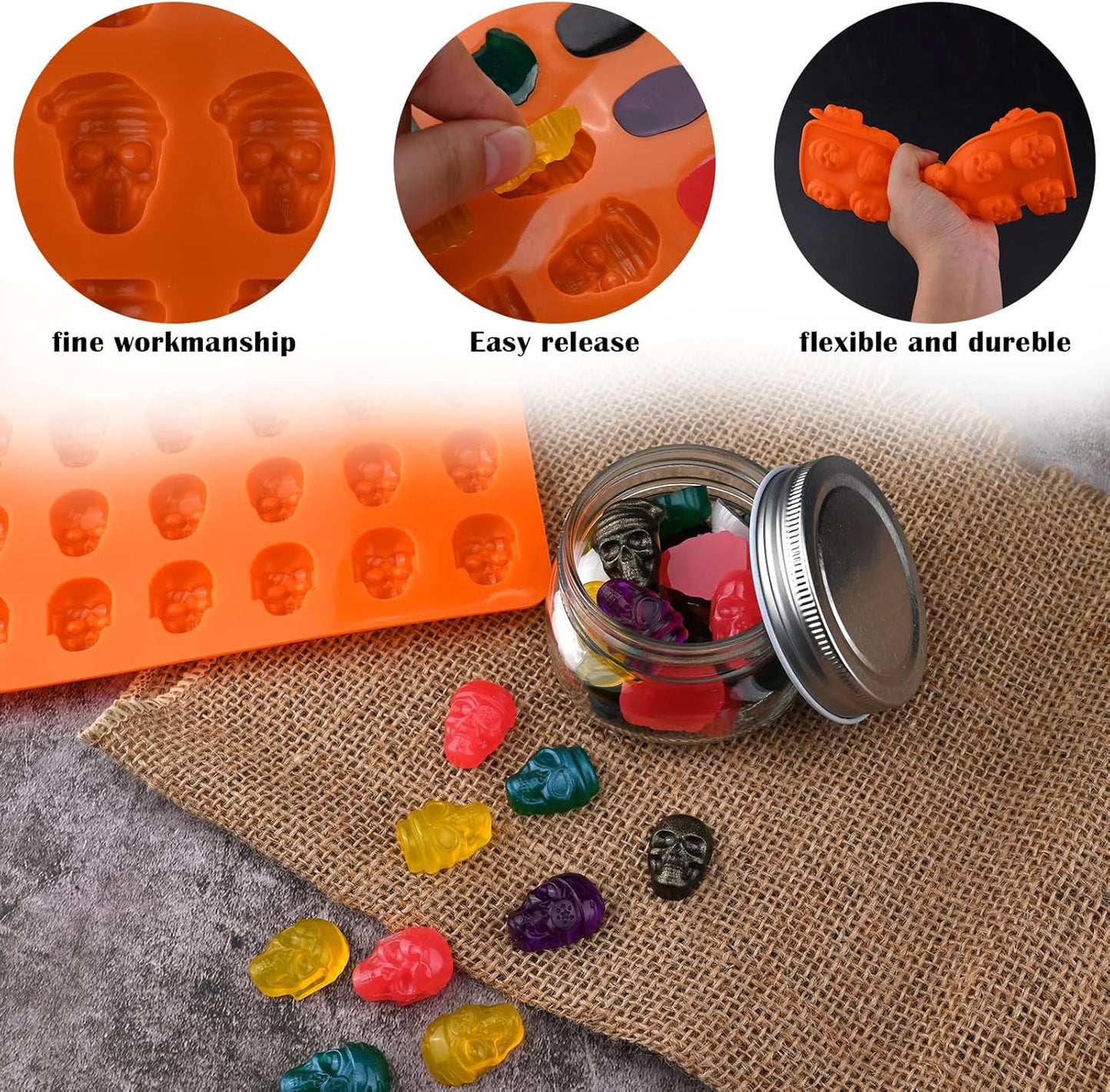 Sakolla Skull Candy Molds Silicone, 2 Pack 36 Cavity Non-Stick Halloween Gummy Molds for Chocolate, Candy, Jelly, Ice Cube, Dog Treats