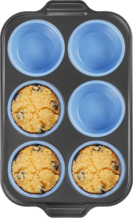 BRONYPRO Jumbo Silicone Muffin Pan with Metal Frame, 3.5" Large Muffin Tins, Non-Toxic Food Grade Silicone, Non-Stick for Egg Bites & Big Cupcakes, Oven Safe, Blue
