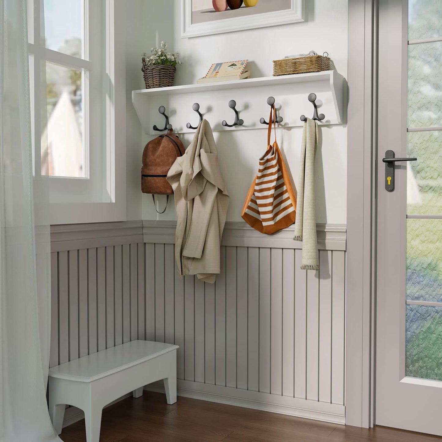 SKOLOO Wall Shelf with Hooks, 24-Inch White Coat Rack Wall Mount with Shelf Organizer - Lightweight & Sturdy, 5 Tri Hooks - Perfect for Entryway, Hallway, Living Room, Bedroom, Mudroom