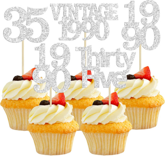 Gyufise 24Pcs Happy 35th Birthday Cupcake Toppers Glitter Thirty Five 35 Fabulous Vintage 1990 Cupcake Picks for 30th Birthday Wedding Anniversary Party Cake Decorations Supplies Rose Gold