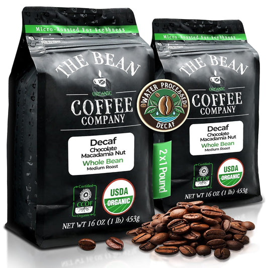 The Bean Organic Coffee Company Water Processed DECAF Chocolate Macadamia Nut, Medium Roast, Whole Bean Coffee, 16-Ounce Bags (Pack of 2)