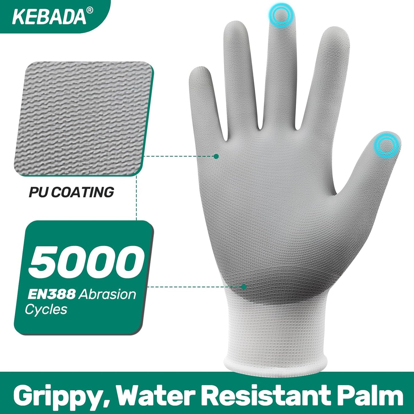 Kebada W1 Work Gloves for Men and Women, 12 Pairs Touchscreen Safety Gloves with Grip, PU-Coated, Ideal for Light & Medium Duty Tasks, White, X-Large