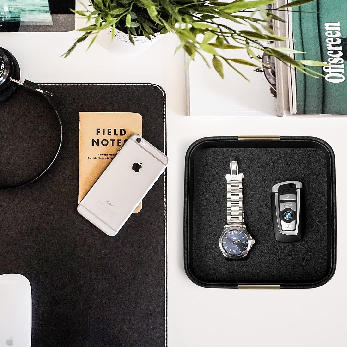 SANZIE Luxury Leather Desktop Storage Small Catchall Organizer Decorative Tray for Entryway Table to Hold Jewelry Watch Cosmetics Keys Phone Wallet, Home & Office Accessories (Metal Glided, Black)