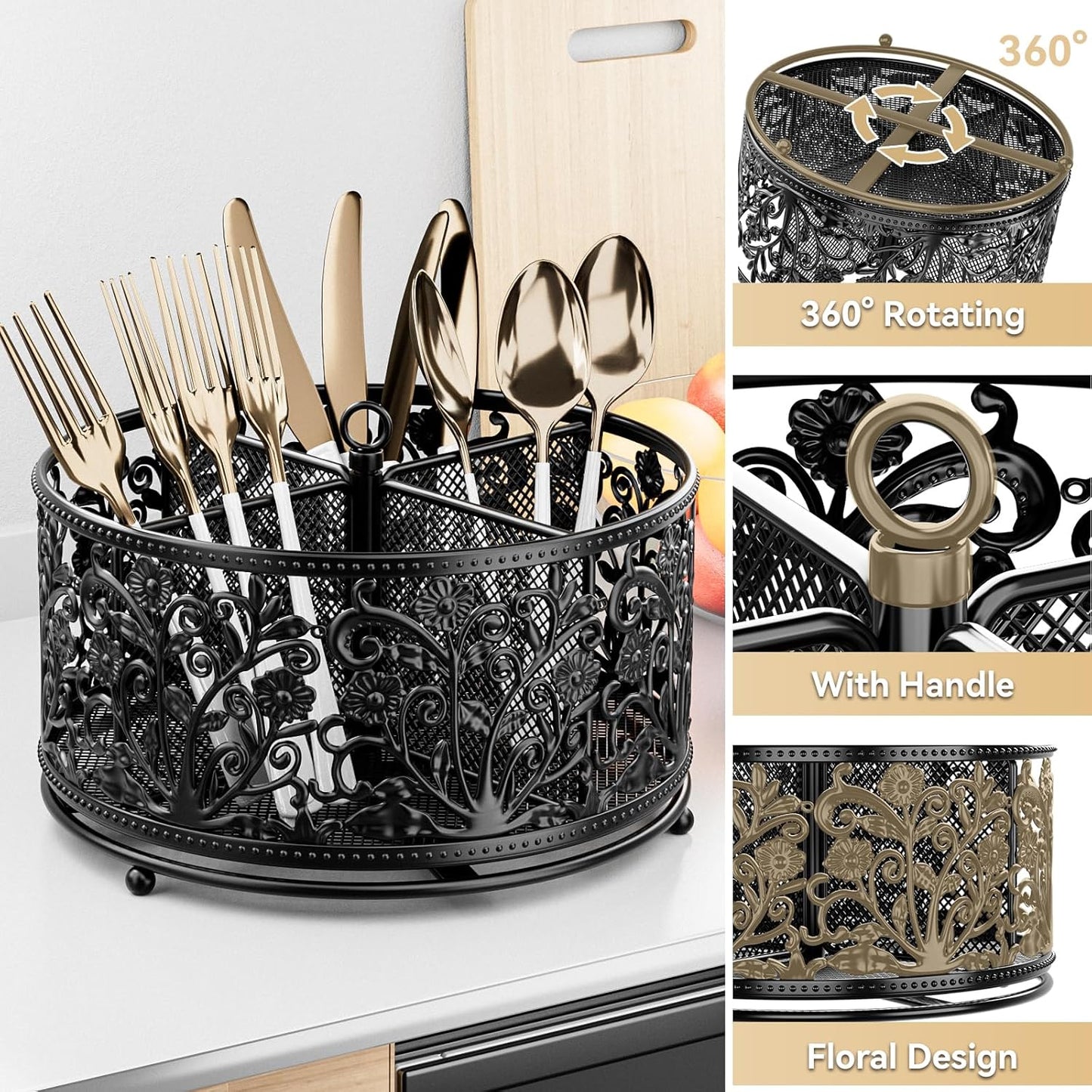 360° Rotating Utensil Caddy - Silverware Cutlery Caddy Holder with 4 Compartment, Metal Flatware Organizer Countertop with Handle for Party Camping Picnic, Kitchen Counter, Office (Black)