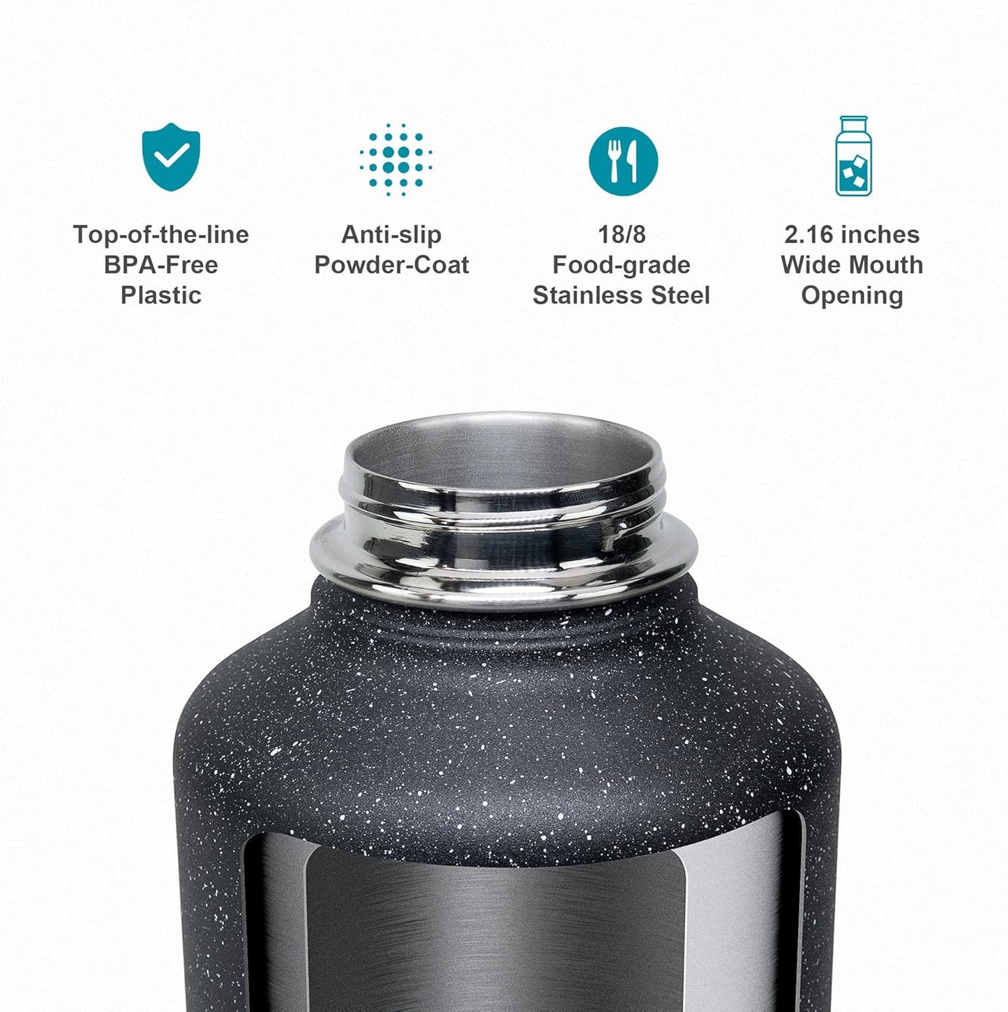 BUZIO 64 oz Water Bottle Insulated with Straw & 3 lid and Carrying Pouch, Leak Proof Half Gallon Stainless Steel Water Flask Jug, Cold for 48 Hrs Double Vacuum Thermo Canteen, BPA-Free, Starry Indigo