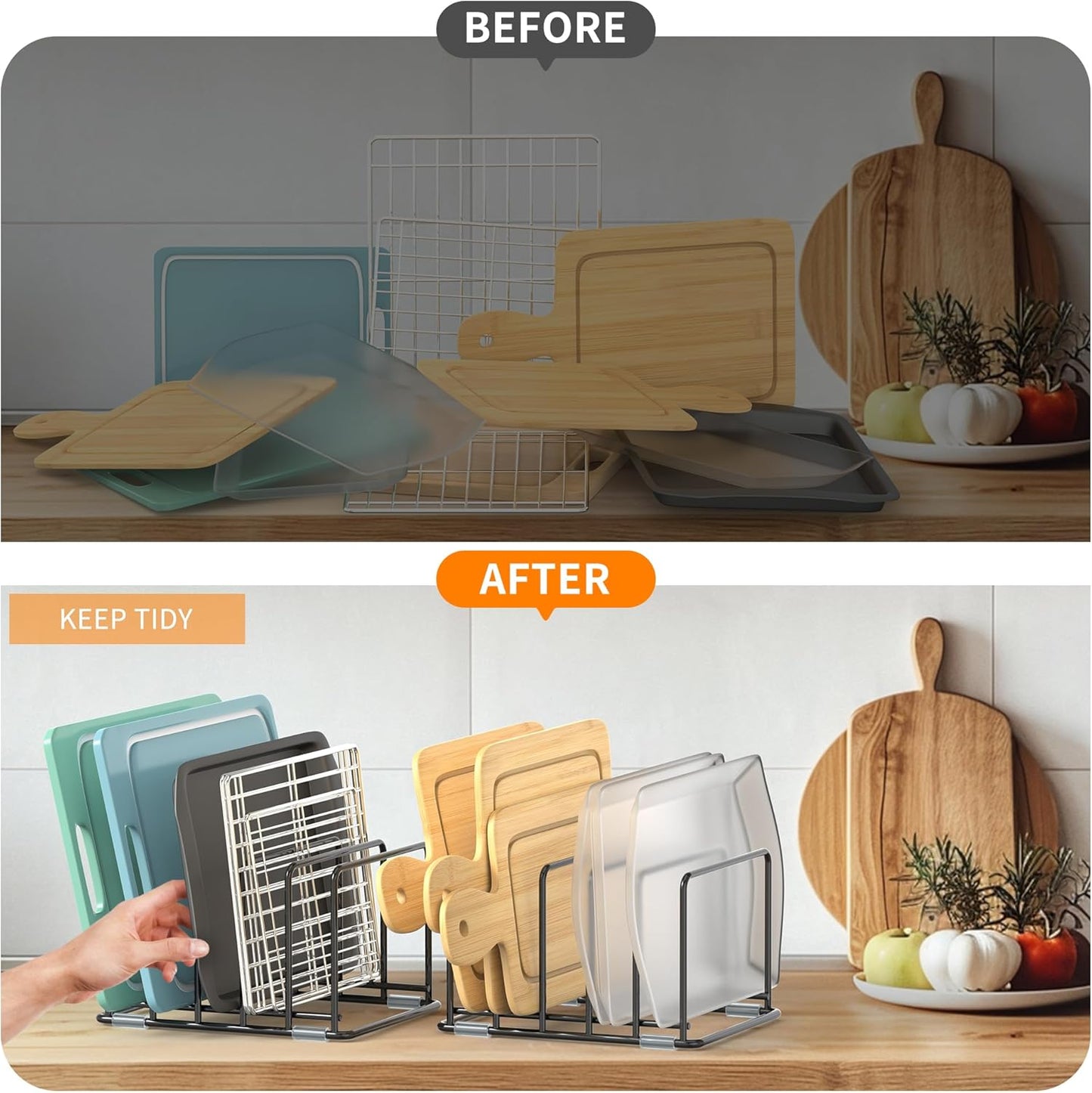 Cutting Board Organizer, Kitchen Cabinet Organizer, Divided Rack with 5 Slots for Baking Trays, Cutting Boards - Cookie sheet Organizer Inside Cabinet, Baking Sheets Holder (medium)