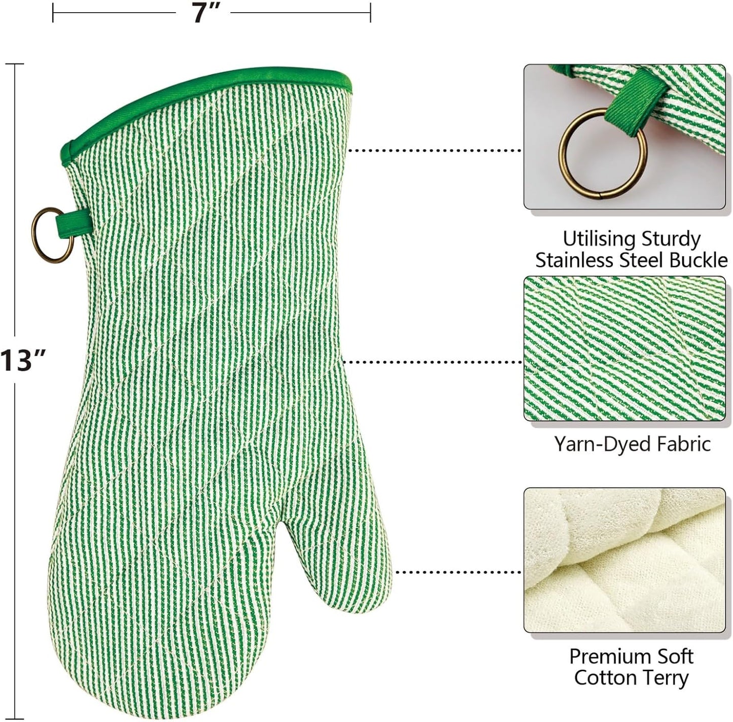1 Pair Yarn Dyed Oven Mitts 100% Cotton Heat Resistant 470 Degree Gloves Men Women Cooking Baking Barbecue BBQ Microwave Crafting Machine Washable Pot Holders Mittens (Green)