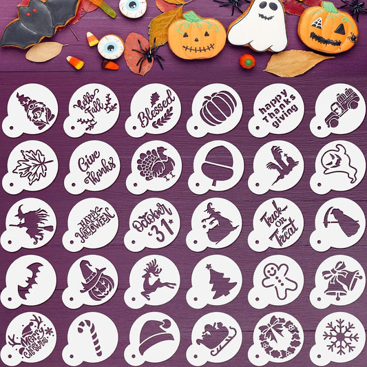 Marspark 30 Pieces Holiday Cookie Coffee Stencils Latte Art Halloween Thanksgiving Christmas Cookie Baking Stencils Templates Decoration for Cake Bread Decor, Reusable Sourdough Painting Mold Tools