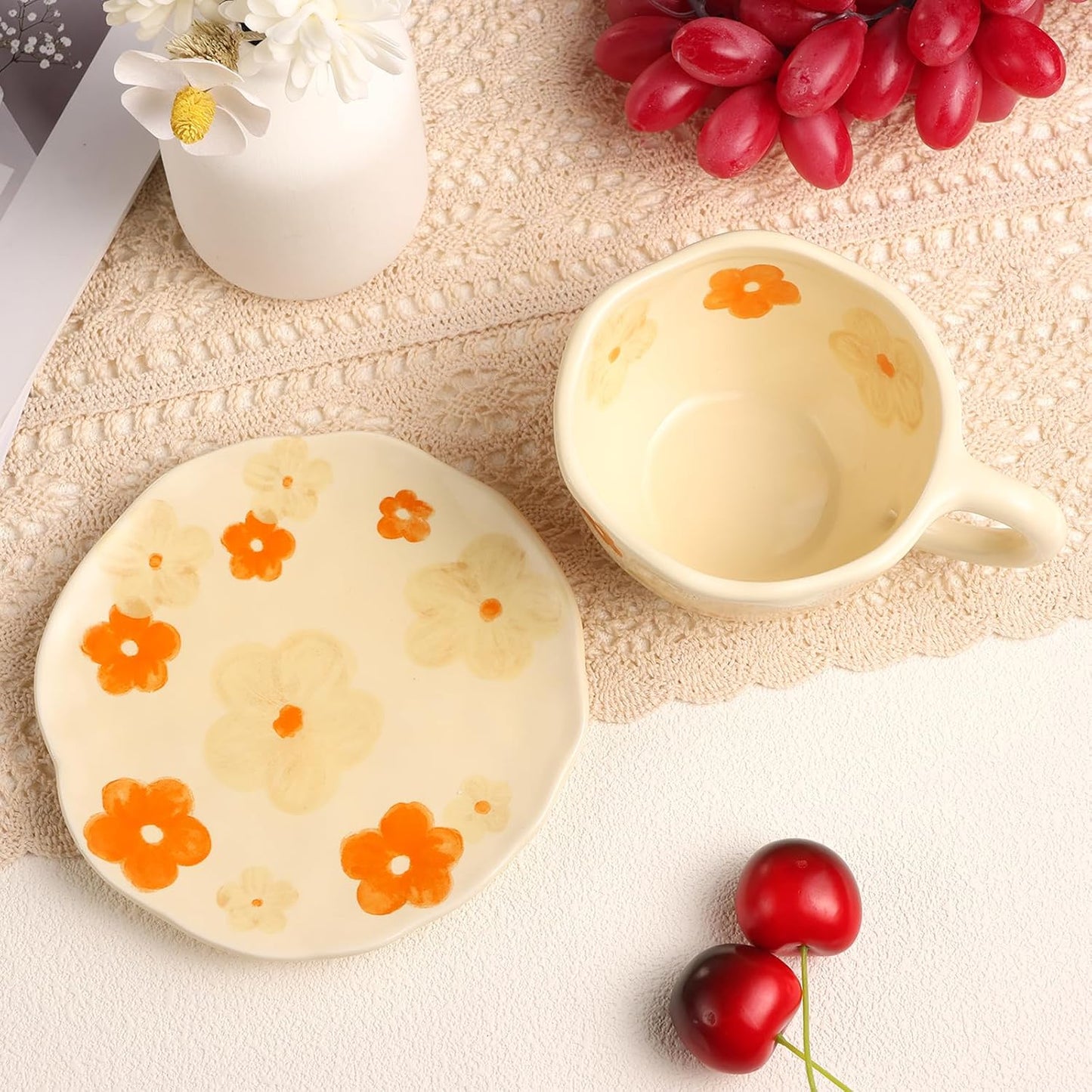 Cappuccino Cups with Saucers 8 oz Latte Art Cup Ceramics Coffee Mugs Irregular Aesthetic Flower Cups for Espresso, Double Shot, Americano, Latte, Tea - Microwave and Dishwasher Safe (Orange Flowers)