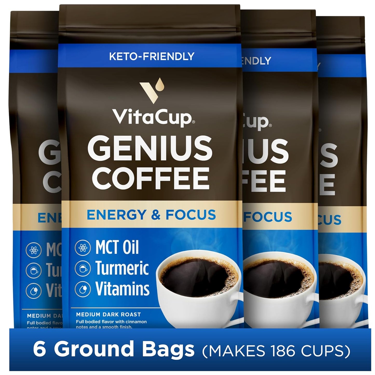VitaCup Genius Ground Keto Coffee w/Turmeric, MCT Oil, B Vitamins, D3, Ground Coffee Medium Dark Roast, Bold & Smooth, 100% Arabica Coffee Grounds, 6 bags, 11oz each