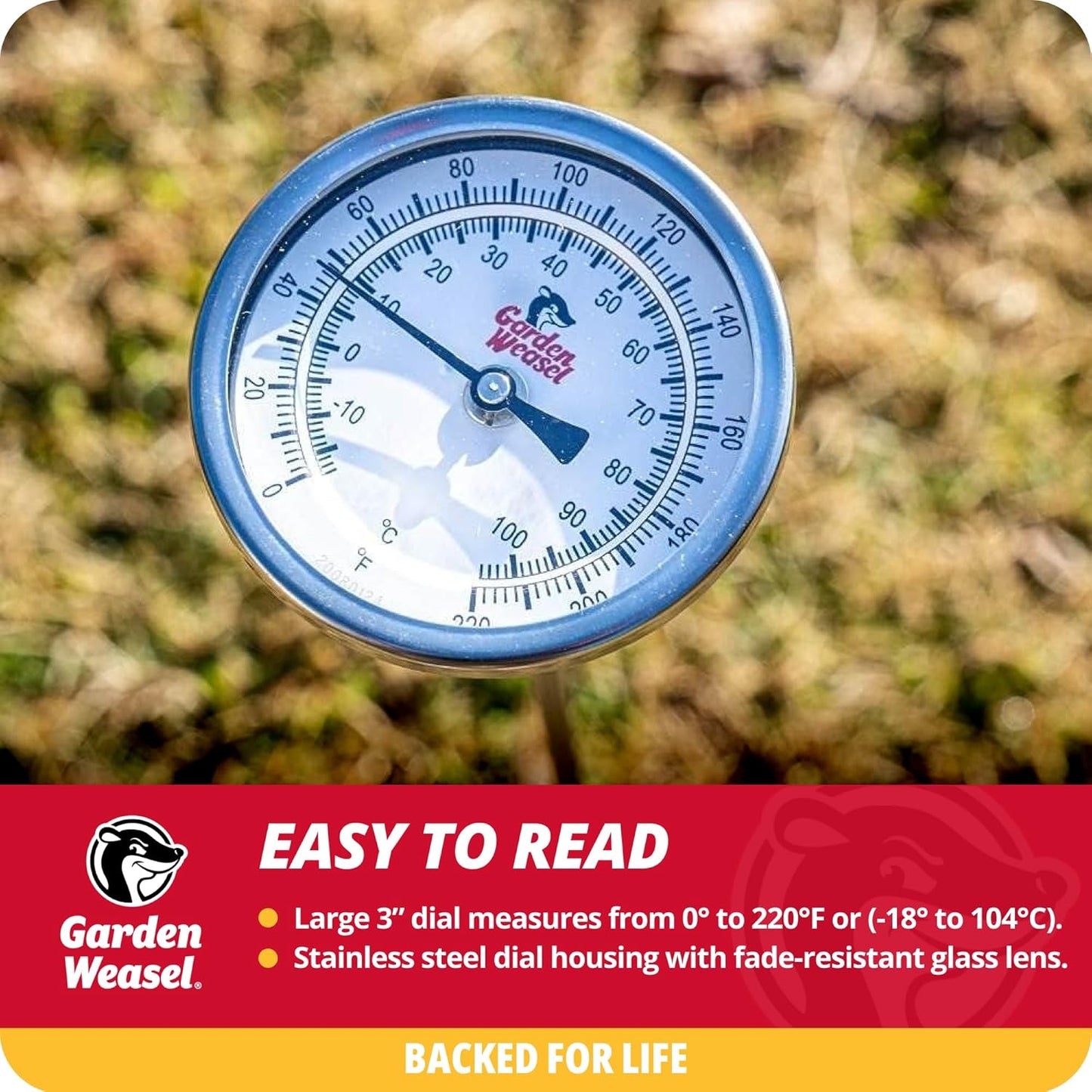 Garden Weasel Analog Soil & Composting Dial Thermometer - 36-Inch Probe | Measures 0 to 220 Degrees Fahrenheit | Soil Temperature, Worm Compost | 98001-A