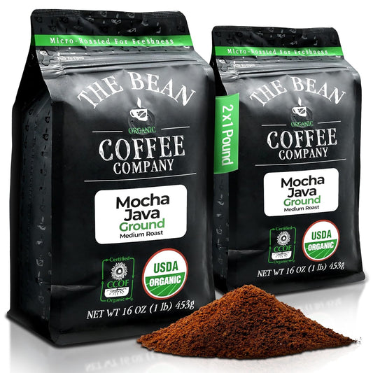 The Bean Organic Coffee Company Mocha Java, Medium Roast, Ground Coffee, 16-Ounce Bags (Pack of 2), Café molido tostado orgánico