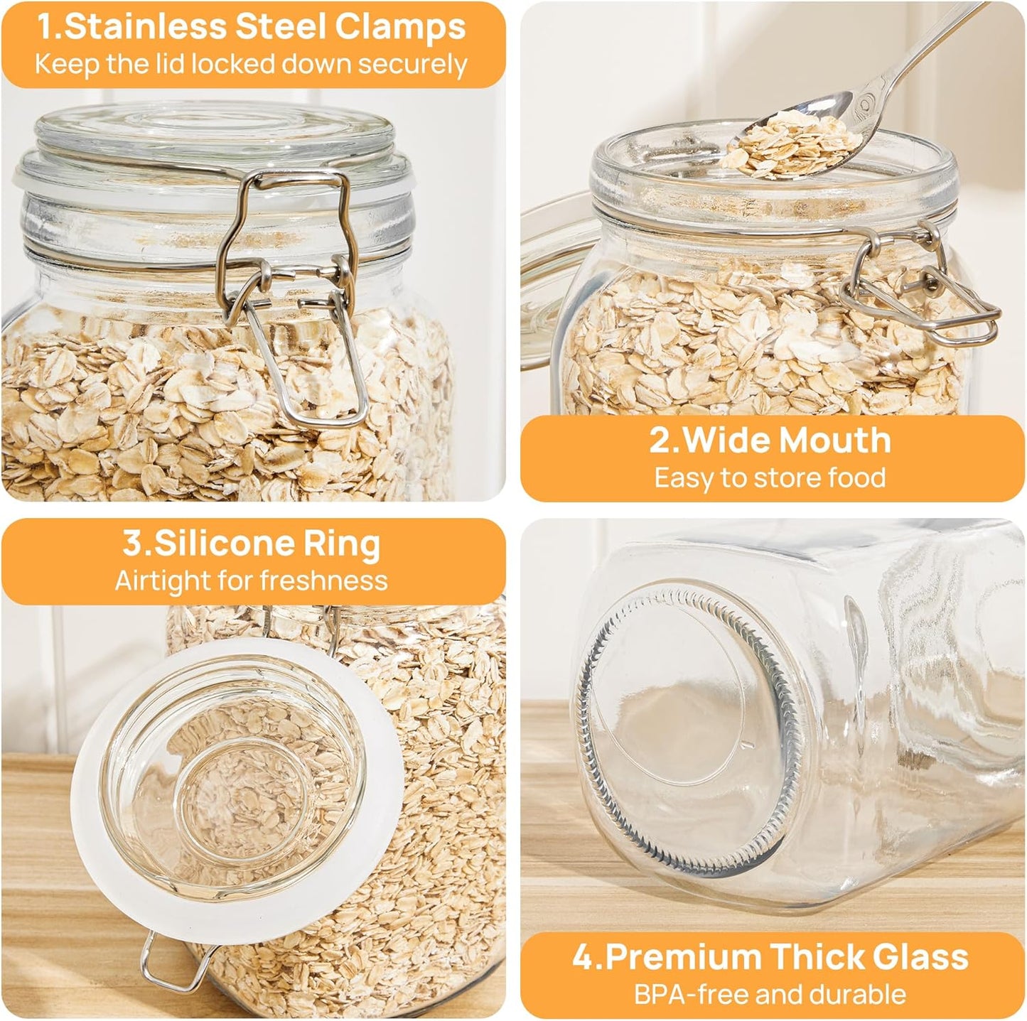 CHEFSTORY 50oz Airtight Glass Jars with Lids, 3 PCS Food Storage Canister for Kitchen & Pantry Organization, Square Mason Jar Containers for Storing Sugar, Flour, Cereal,Coffee,Cookies