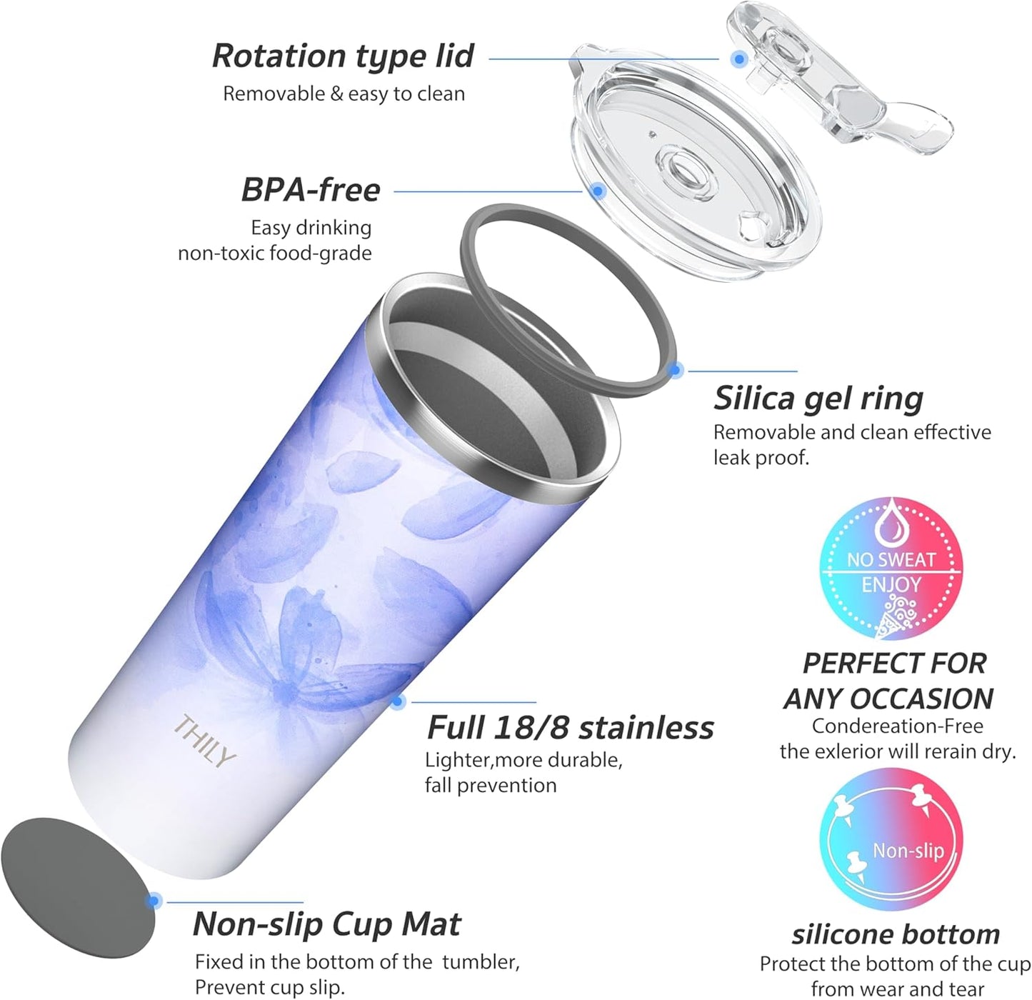 THILY Stainless Steel Vacuum Insulated Tumbler Travel Mug 26 oz Coffee Cup with 2 Lids and Straws, Splash Proof, Keep Ice Drinks Cold, Violet Leaves