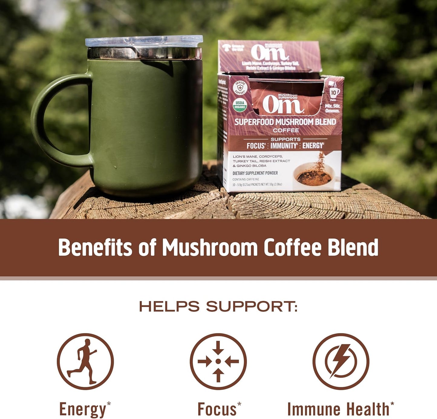 OM MUSHROOM SUPERFOOD Coffee Blend Mushroom Powder, Single Serve, 10 Count, Organic Arabica Beans, Lion's Mane, Cordyceps, Turkey Tail, Reishi Extract, Ginkgo Biloba, Supports Energy and Focus