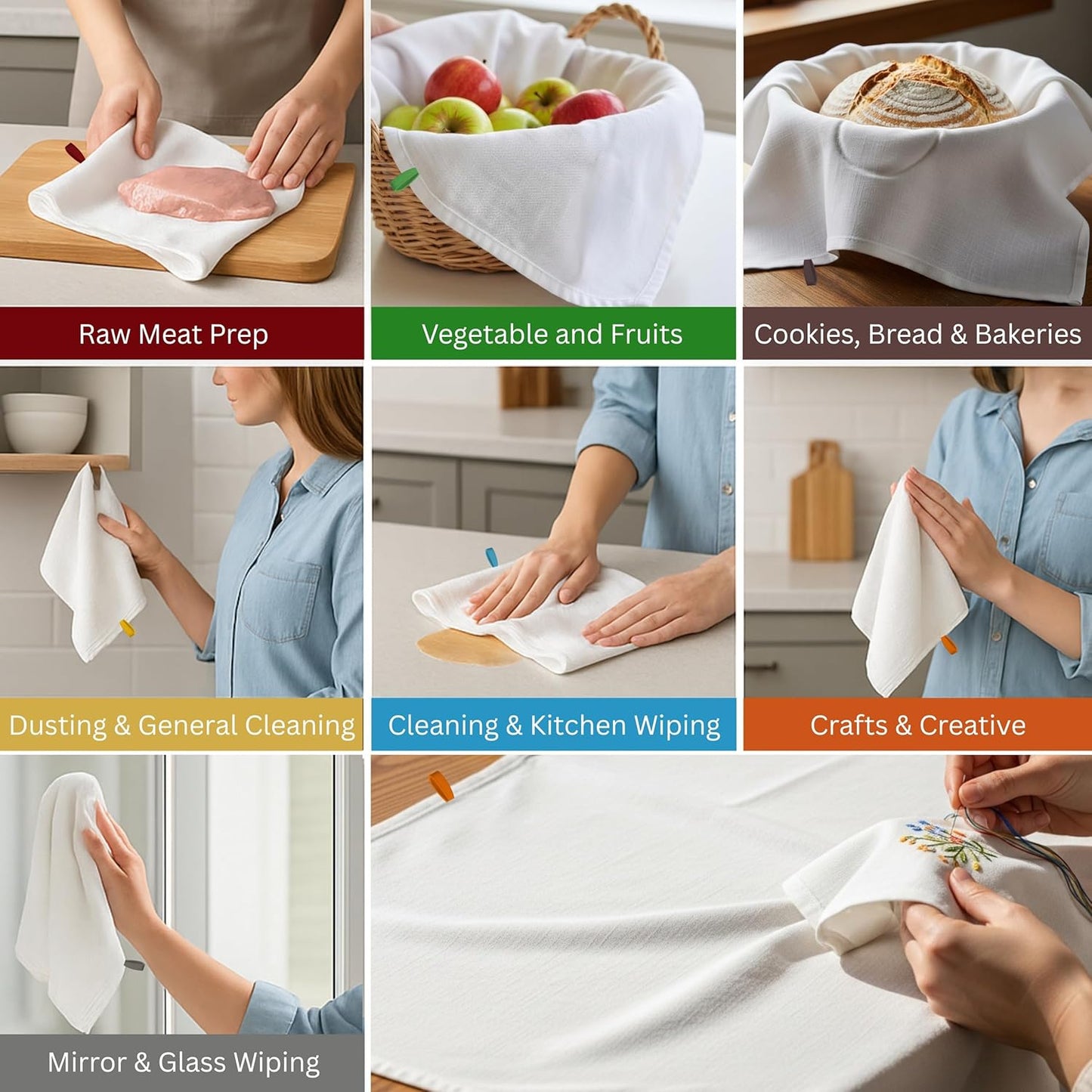 Premium Cotton Kitchen Towels Set of 7 – Ultra Absorbent & Soft Dish Towels with Color Hanging Loops – Quick Dry, Lint-Free Tea Towels for Cooking, Cleaning & Baking - 18"x28"
