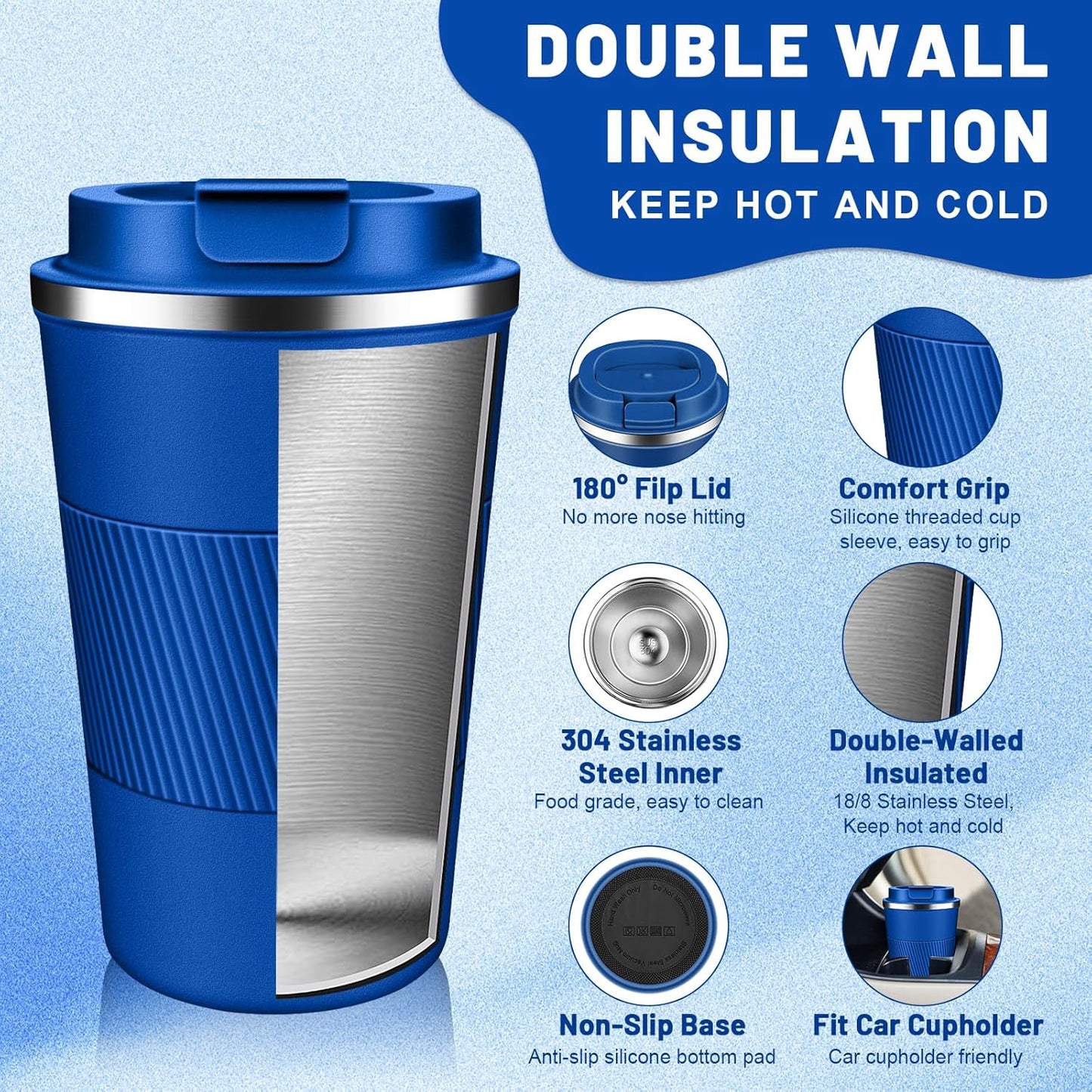 Insulated Coffee Tumblers with Flip Lid 12oz / 17oz, Stainless Steel Travel Coffee Mug Leak Proof, Vacuum Insulated Coffee Mug Reusable Cup, Keeps Cold and Hot for Coffee Tea