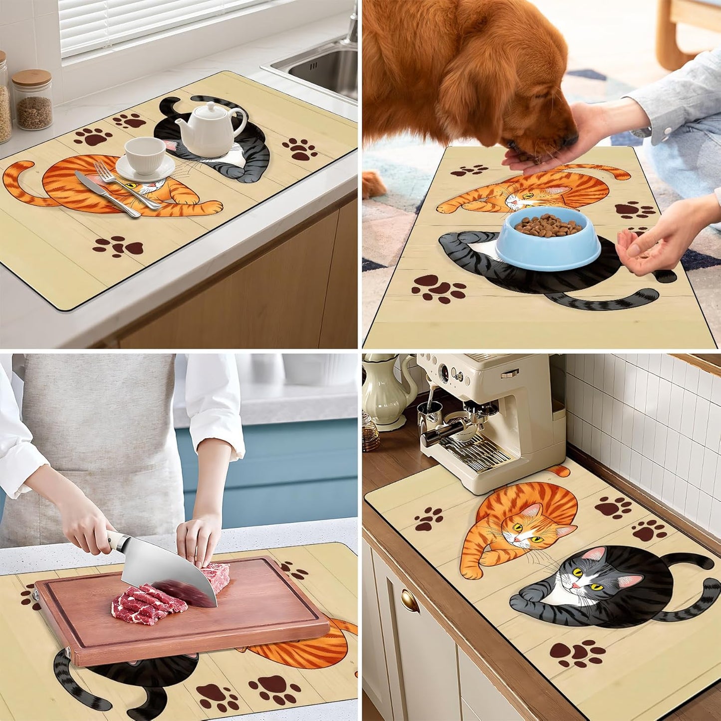 17"x 32" Coffee Bar Mat, Cats Absorbent Dish Drying Mat Cuttable Hide Stain Draining Table Pad for Kitchen Counter, Coffee Bar Accessories