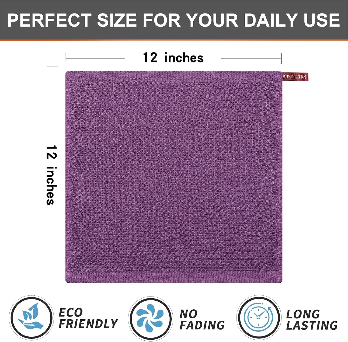 Kitinjoy 100% Cotton Kitchen Dish Cloths, 6 Pack Waffle Weave Ultra Soft Absorbent Dish Towels for Drying Dishes Quick Drying Kitchen Towels Dish Rags, 12 X 12 Inches, Violet