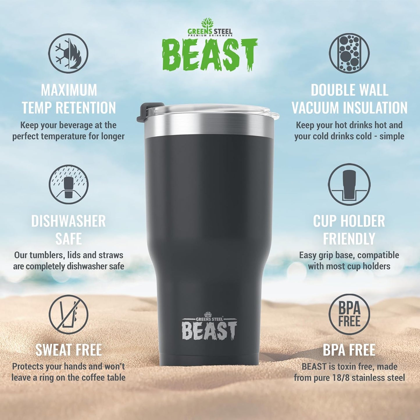 Beast 40 oz Tumbler Stainless Steel Vacuum Insulated Coffee Ice Cup Double Wall Travel Flask (Matte Black)