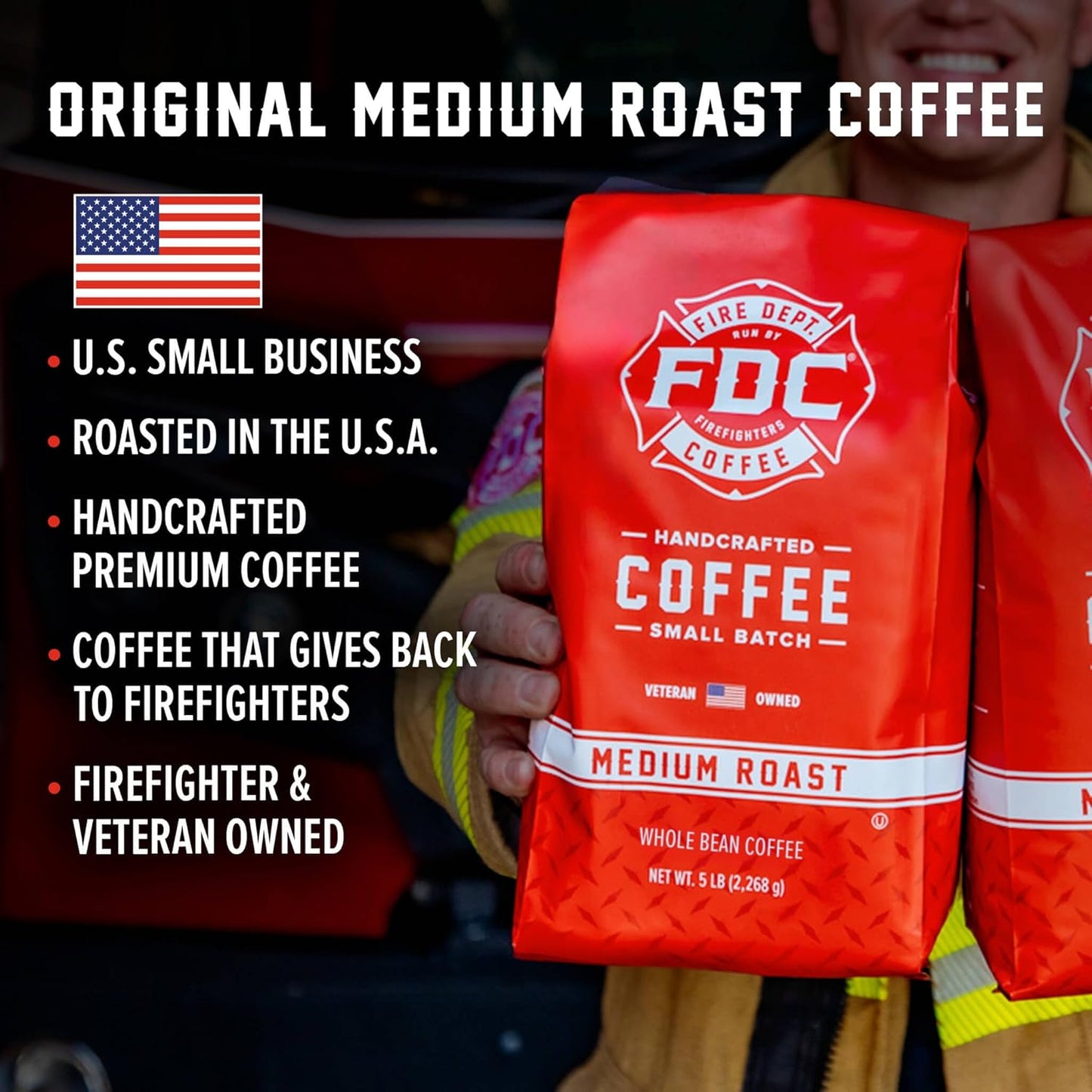 Fire Department Coffee - Gives Back to Firefighters - Balanced & Smooth Original Medium Roast Coffee Beans - Roasted in the USA - Whole Bean - Veteran Owned - Bulk 5 LB
