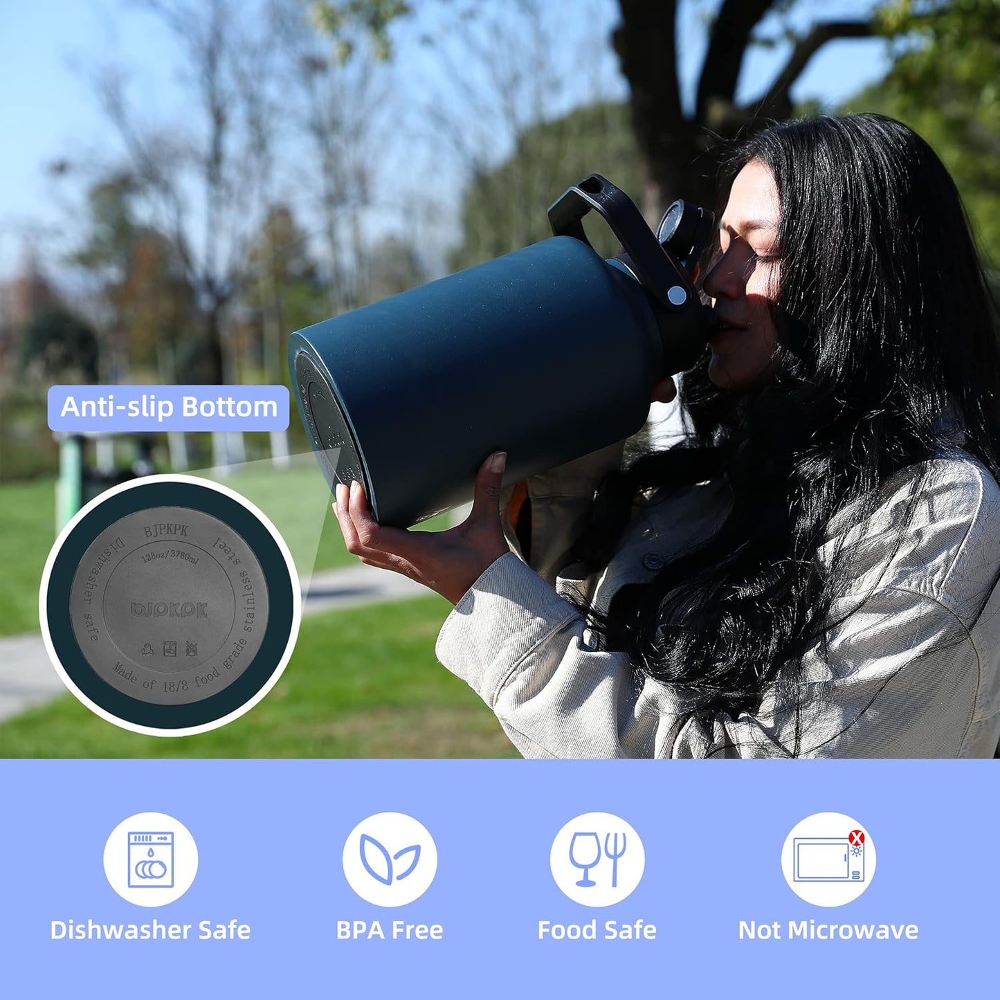 BJPKPK One Gallon(128 oz) Insulated Water Bottle, Dishwasher Safe Stainless Steel Thermos, BPA Free Jug with Ergonomic Handle & Anti-slip Bottom, Large Water Bottle,Stainless Steel