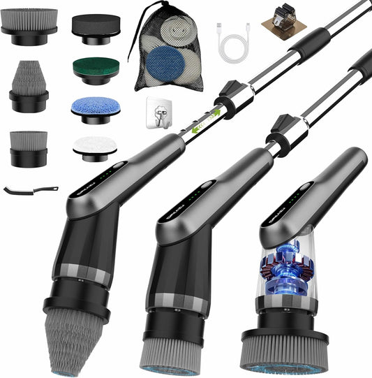 G2-Pro Electric Spin Scrubber - Upgraded 12-in-1 Scrubber Brush Electric, Retractable Handle & 2-Speed for Bathroom, Bathtub, Kitchen, Tile Floors（White/Gray Brush Head）