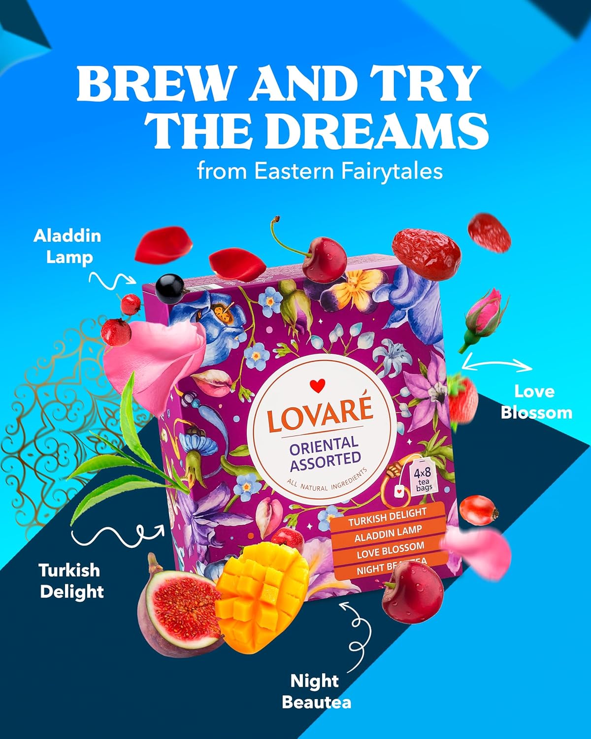 LOVARE Oriental Assorted Tea Variety Pack 32 Pack - Made in Ukraine - Tea Bags Individually Wrapped - Turkish Delight, Aladdin Lamp, Love Blossom, Night Beautea - Assorted Tea Bags Variety Pack