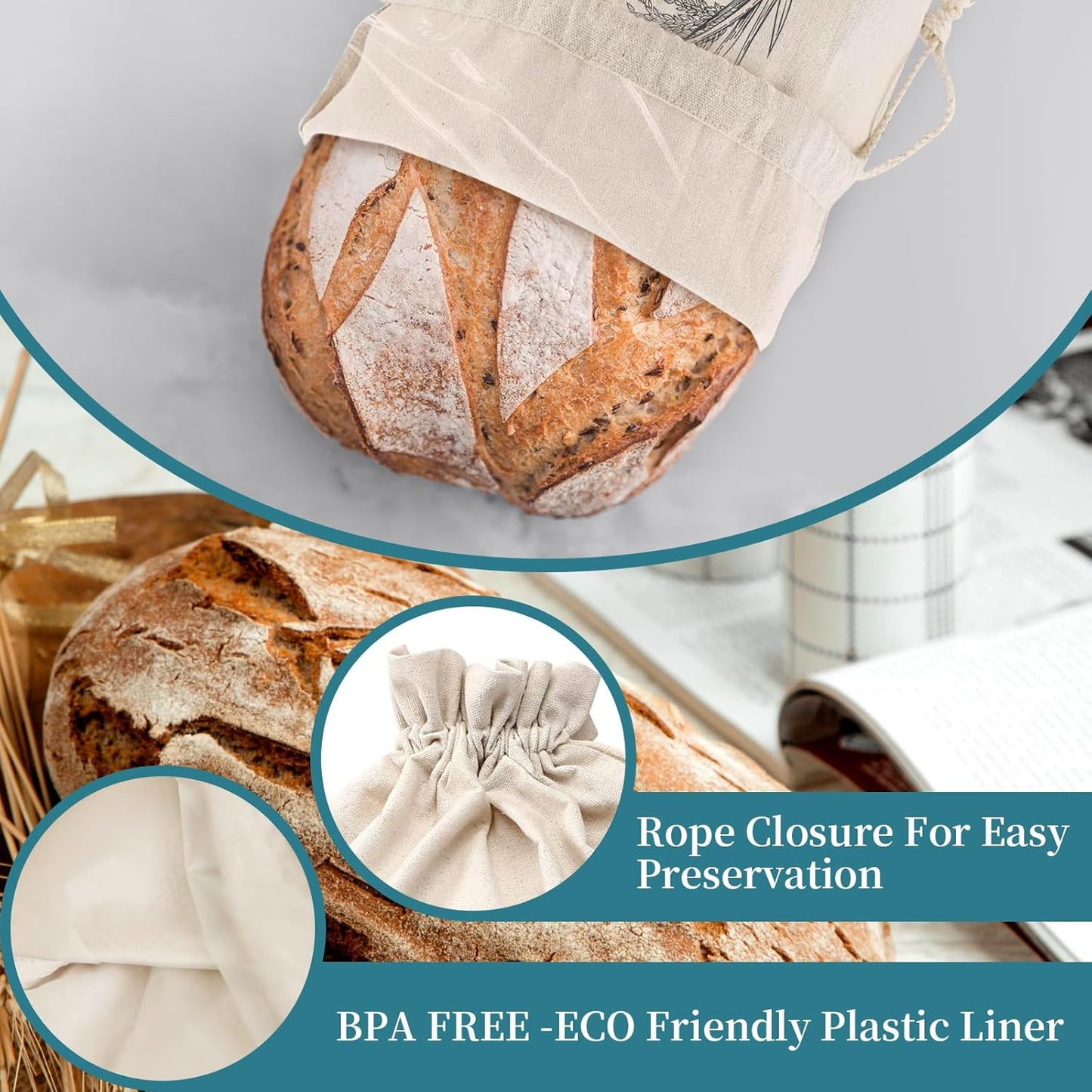 2 Pack of Bread Bags for Homemade Bread，Reusable Linen Sourdough Storage Bags with Plastic Liner,Cotton (17.7" x12")