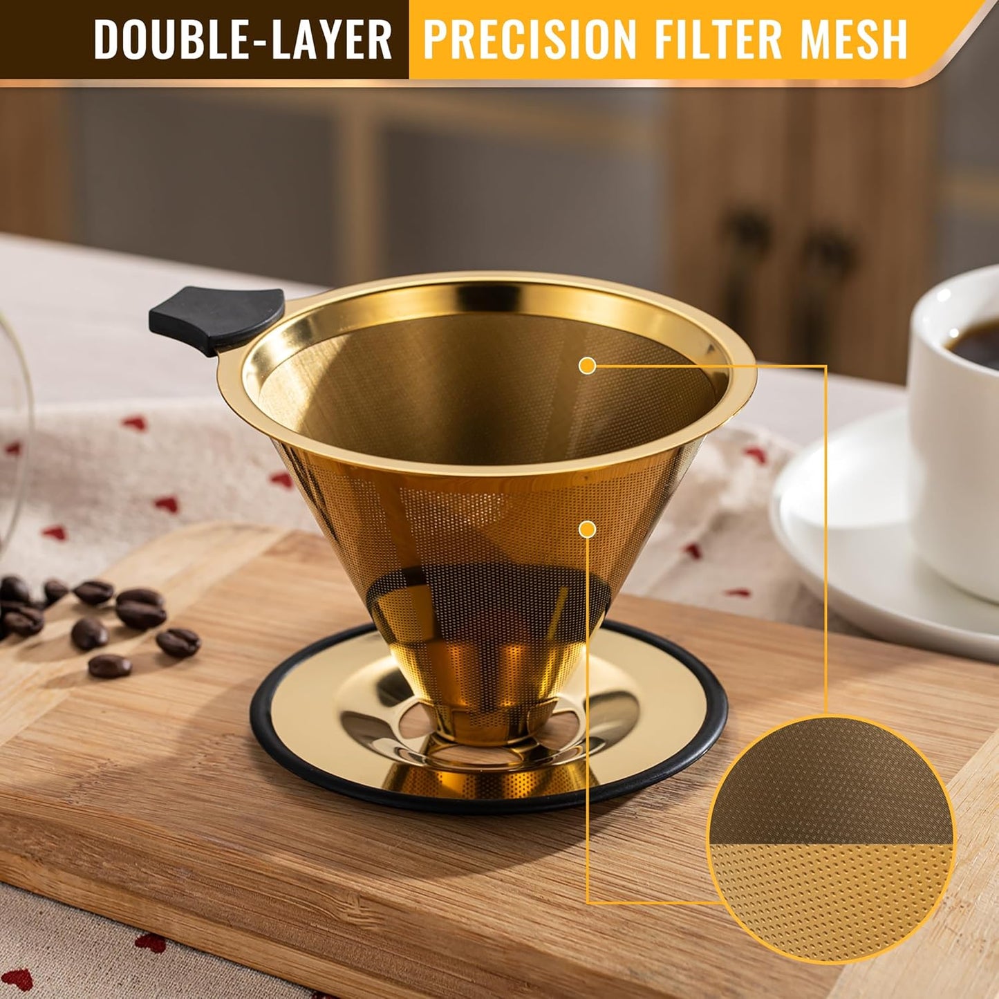 Pour Over Coffee Dripper INSINTAR Stainless Steel ReusablePour Over Drip Coffee Filter Paperless Coffee Strainer Single Cup Coffee Maker 1-4 Cup (Titanium Gold)
