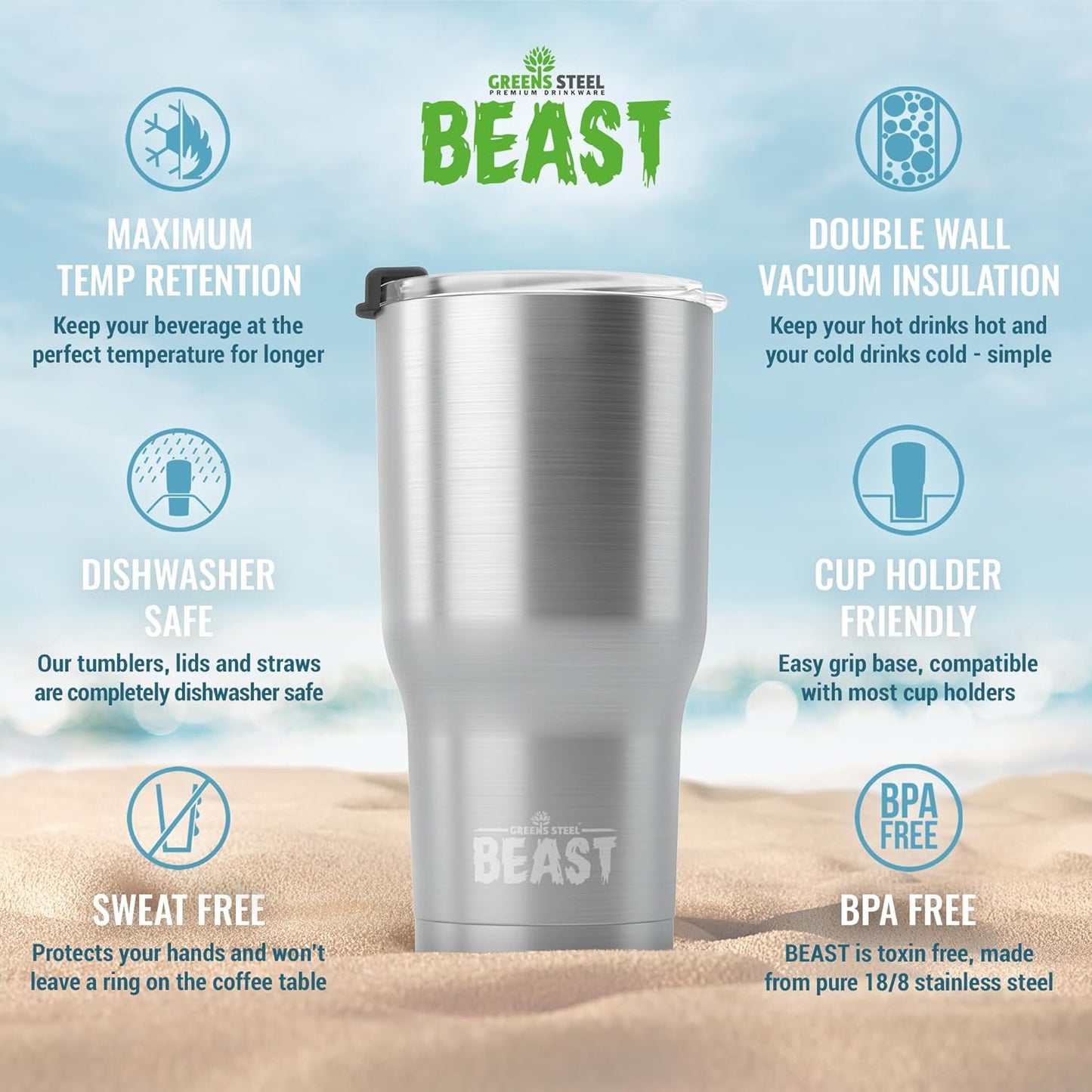 Beast 40 oz Tumbler Stainless Steel Vacuum Insulated Coffee Ice Cup Double Wall Travel Flask (Stainless Steel)