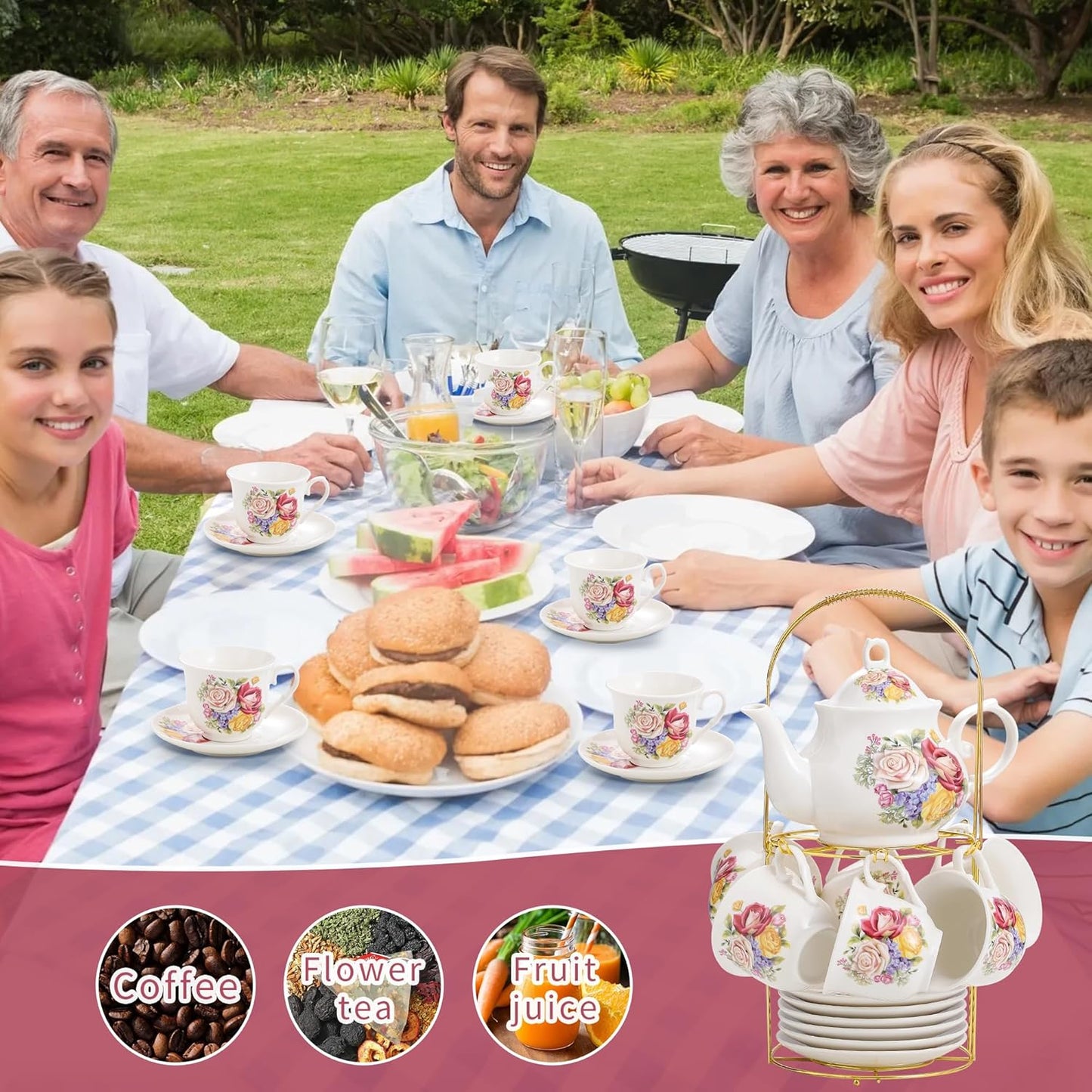 20-Pieces Porcelain Bone china Tea Sets,Gold Rim Coffee Set with Golden Metal Rack,Tea Gift Sets for Home&Party (006)