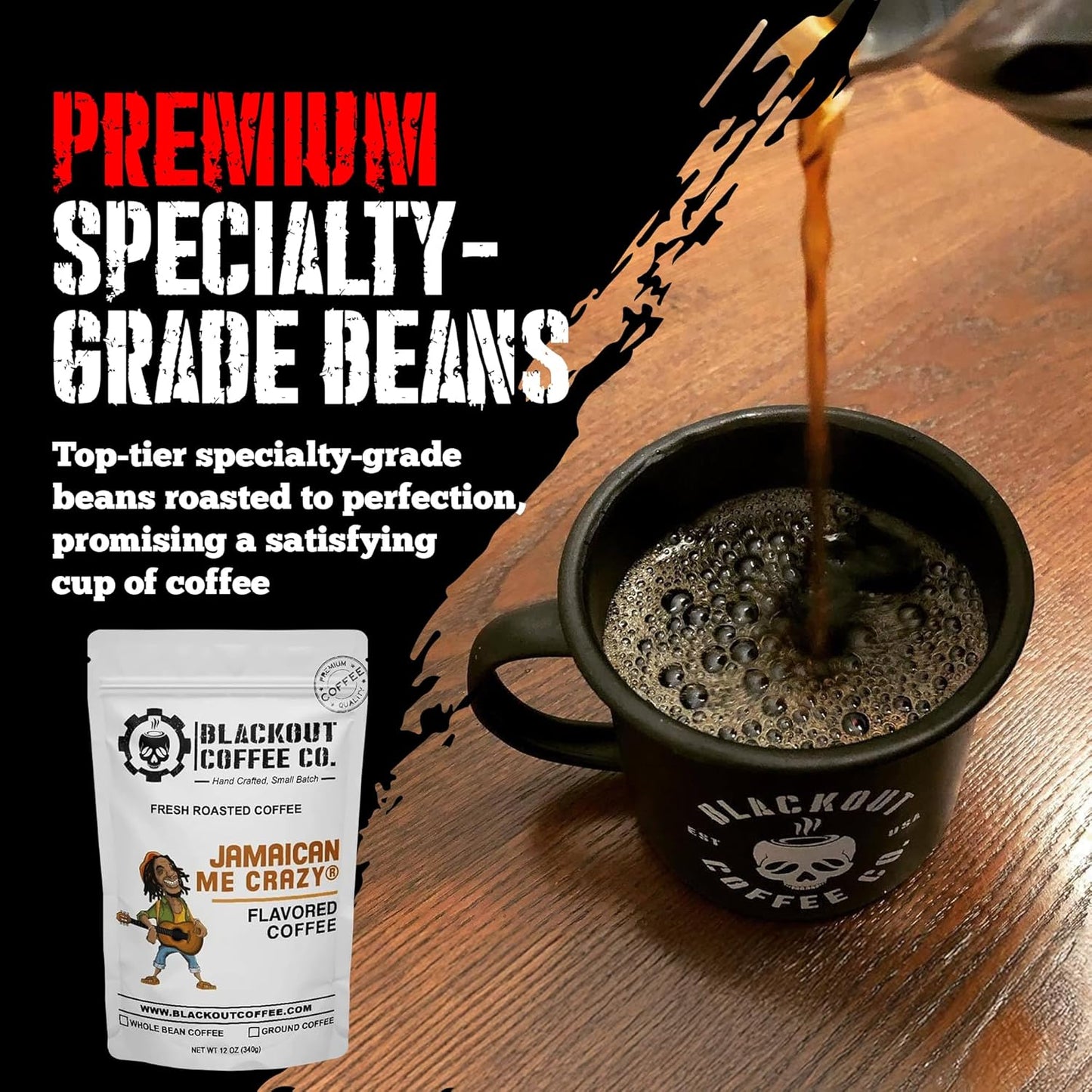 Blackout Coffee Jamaican Me Crazy Flavored Medium Roast - Freshly Roasted in the USA - 12 oz Ground Coffee Pouch