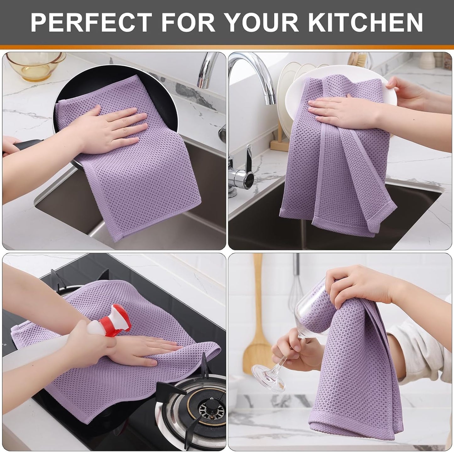 Kitinjoy 100% Cotton Waffle Weave Kitchen Towels, 8-Pack Super Soft and Absorbent Dish Towels for Drying Dishes, Kitchen Hand Towels, 13 in x 28 in, Lavender