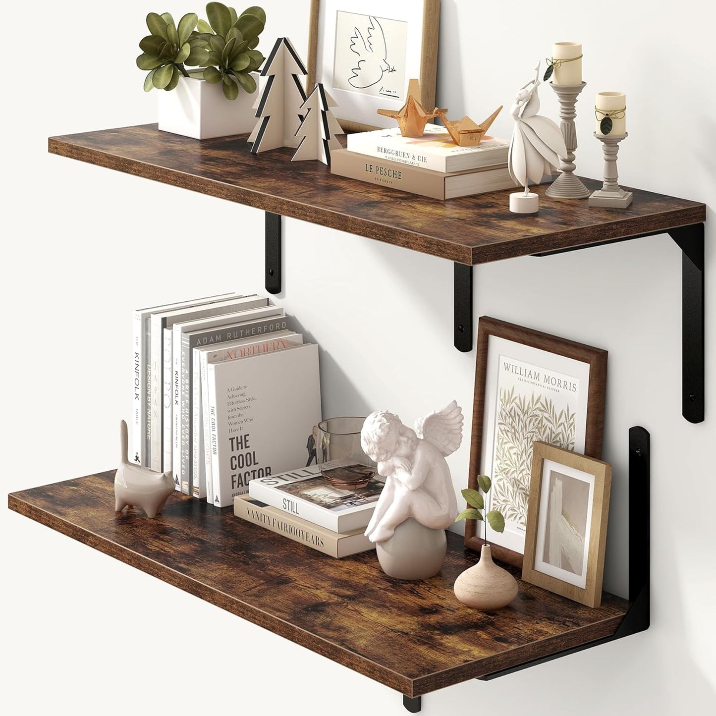 Fun Memories Rustic Brown 12 Inch Deep Floating Shelves Set of 2, Wall Mounted Shelf with Metal Brackets, Rustic Wood Wall Shelf for Bathroom, Kitchen and Living Room