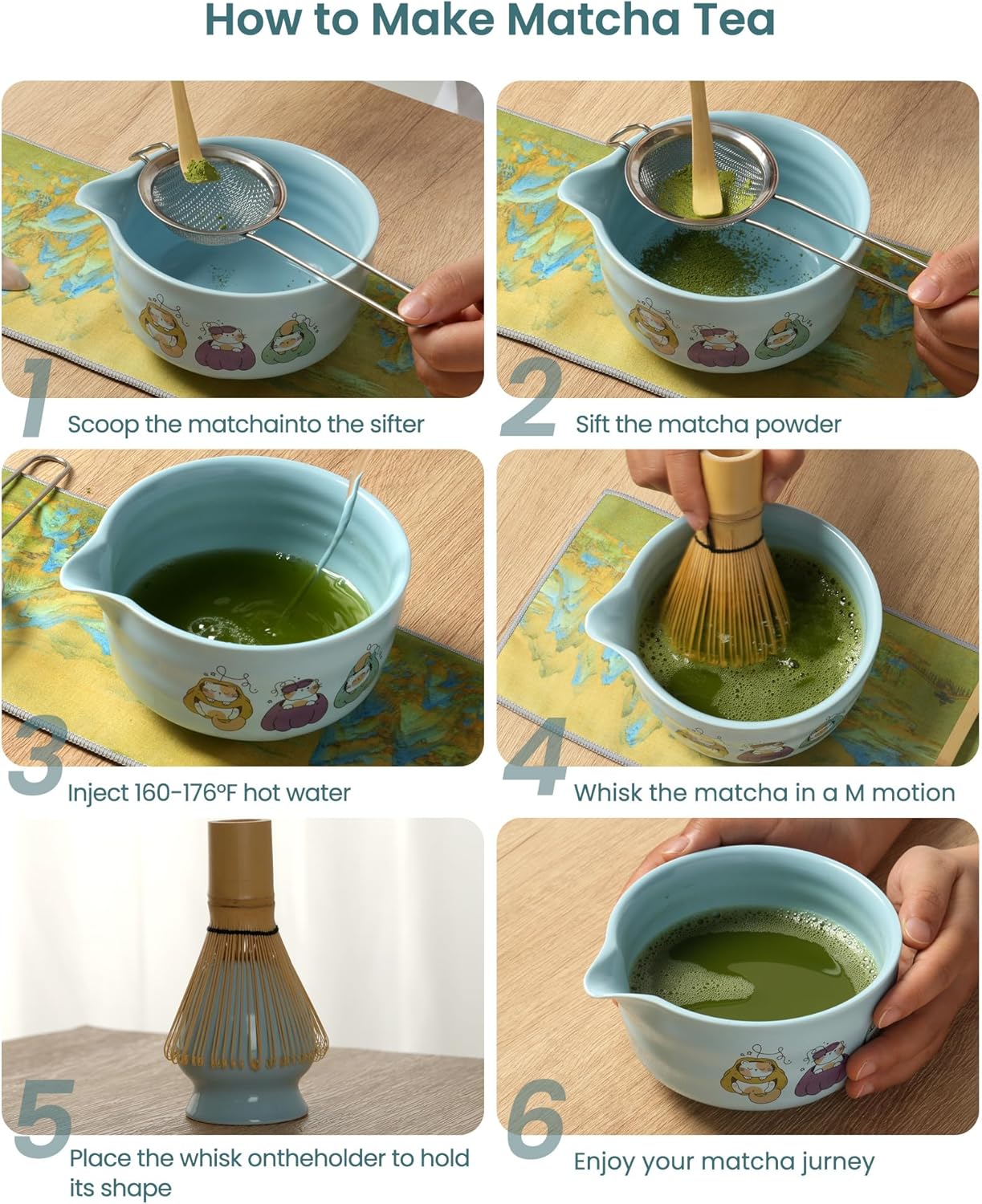 Matcha Whisk Set, Ceramic Matcha Set Includes Matcha Bowl, Matcha Whisk and Holder, Bamboo Scoop, Scoop Rest, Sifter and Tea Towel - 7 Pcs Matcha Kit(Blue)