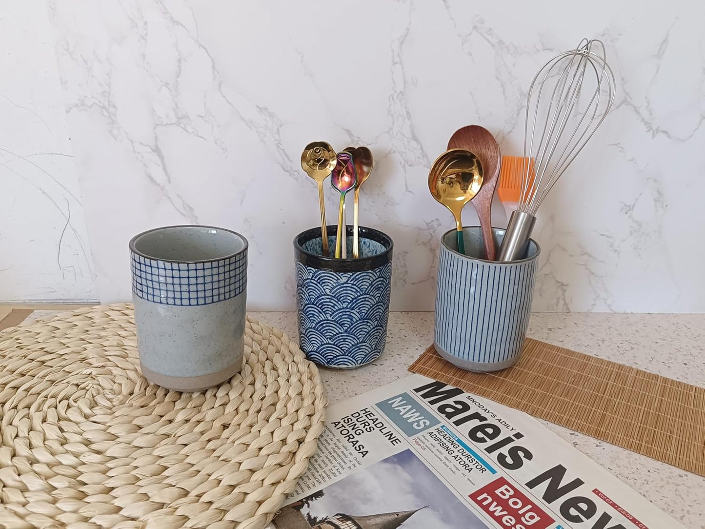 Stoneware Coffee Bar Utensil Holder Tea & Coffee Spoon & Stirrer Holder for Stir Stick Straw Teaspoon Holder Spoon Cup Small Utensil Jar (Blue Stripes)