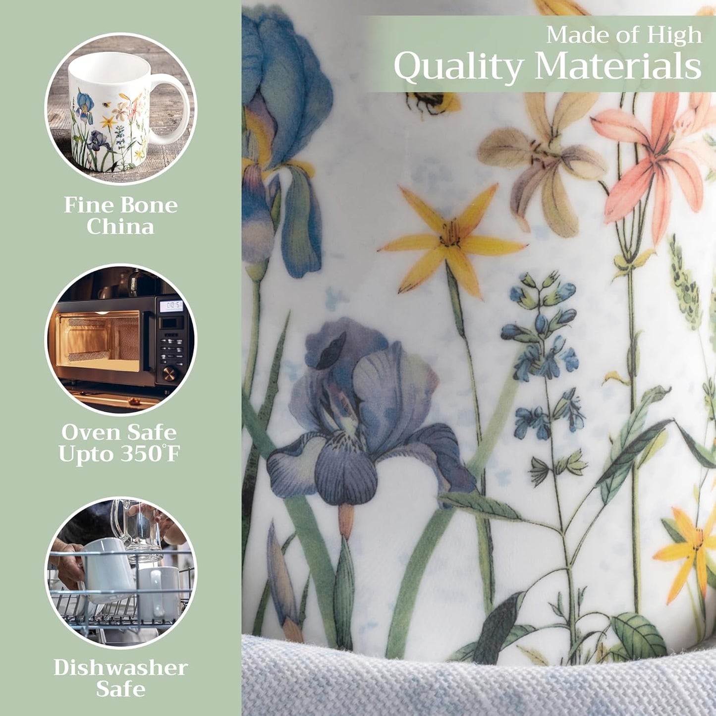 Maison d' Hermine Coffee Mug with Handles Fine Bone China Mugs Pack of One Tea Cups for Hot Beverages Cappuccino Latte Home Restaurant Office Perfect for Gift (Fleurs De Mai - Floral, 15 Ounce)