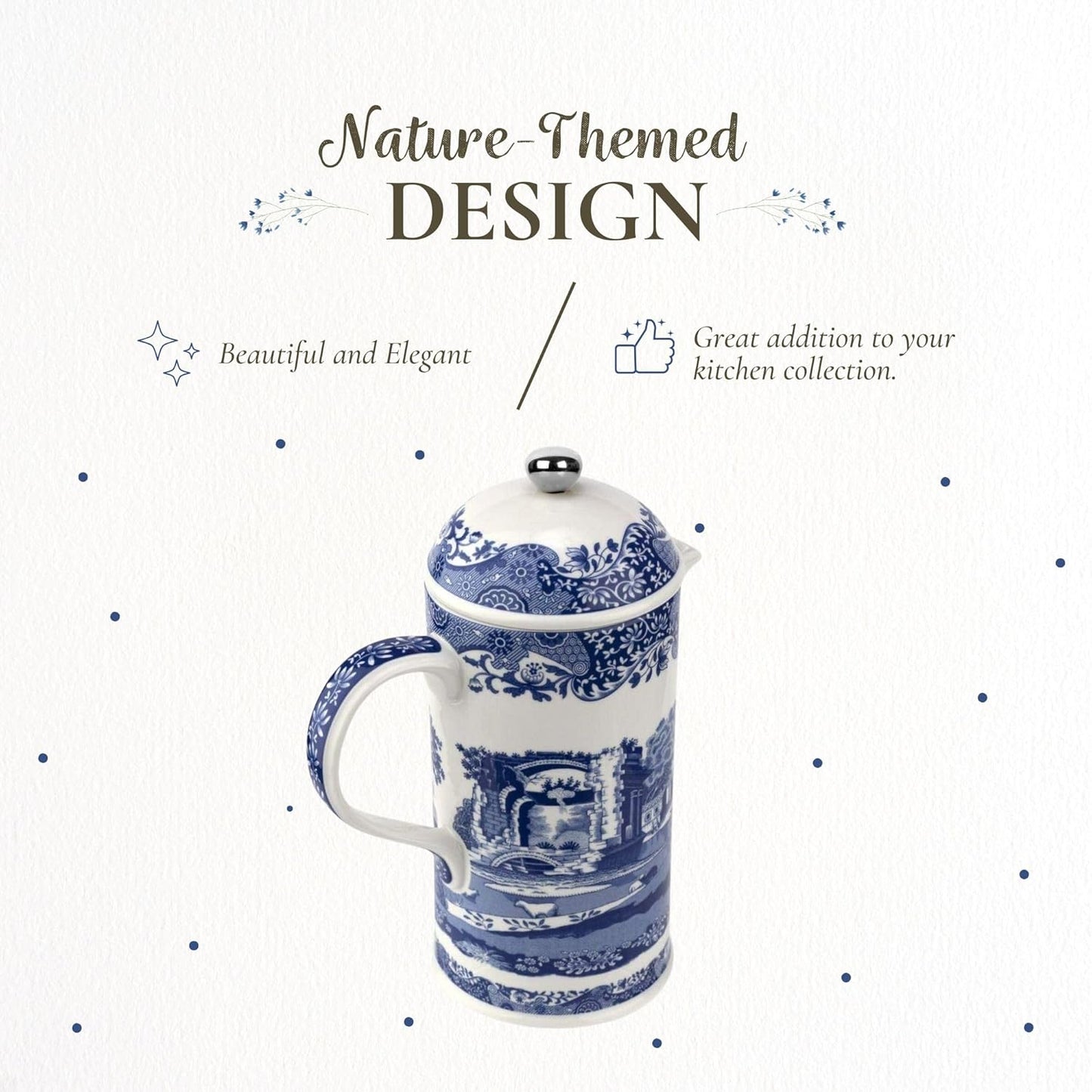 Spode Blue Italian French Press | 28-Ounce Capacity | Espresso, Coffee, and Tea Maker | Porcelain Cafetiere | Stainless Steel Plunger | Dishwasher Safe (Blue/White)