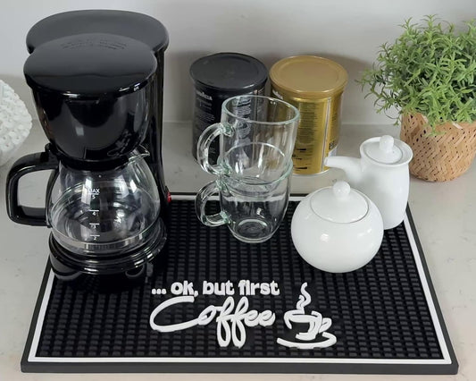 Ok But First Coffee Sign Rubber Bar Mat for Countertop, 18x12 Coffee Bar Mat, Coffee Bar Sign Counter Mat, Coffee Station Mat, Cocktail Rubber Mat