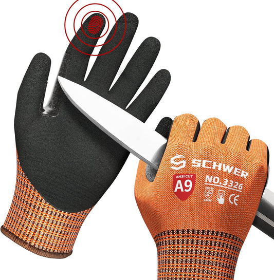 Schwer ProGuard Highest Level Cut Resistant Work Gloves PR3326 for Extreme Protection，ANSI A9 Cut Gloves with Reinforced Thumb, Non Slip, Breathable, Durable, Touch-screen, Non PFAS, Orange1 Pair（S）