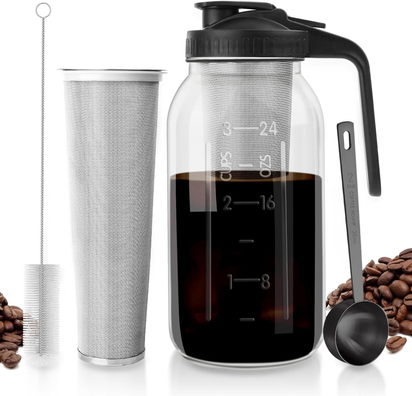 Cold Brew Coffee Maker - 64 oz Wide Mouth Mason Jar Pitcher with Stainless Steel Filter, Coffee Scoop, and Cleaning Brush -Glass Pitcher for Iced Coffee, Tea - Includes Pour Spout Handle Lid